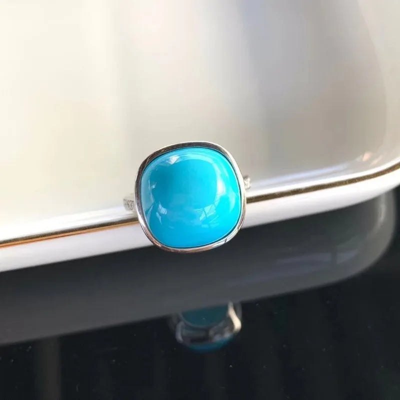 Anillos cuadrados turquesa brillante clásicos para mujer, anillo azul vintage simple, adecuado para uso diario, joyería ligera de lujo.