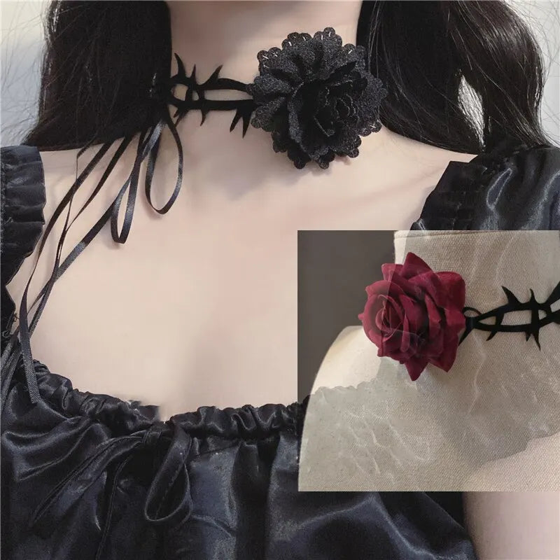 2 Pcs Red Black Big Rose Flower Choker Necklace For Women Gothic Velvet Collar Necklace Adjustable Long Chain Punk Dark Jewelry