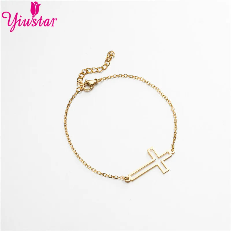 New Simple Christian Cross Stainless Steel Chain Bracelets for Women Men Religious Jewelry Lucky Cuff Bangles Gift Wholesale
