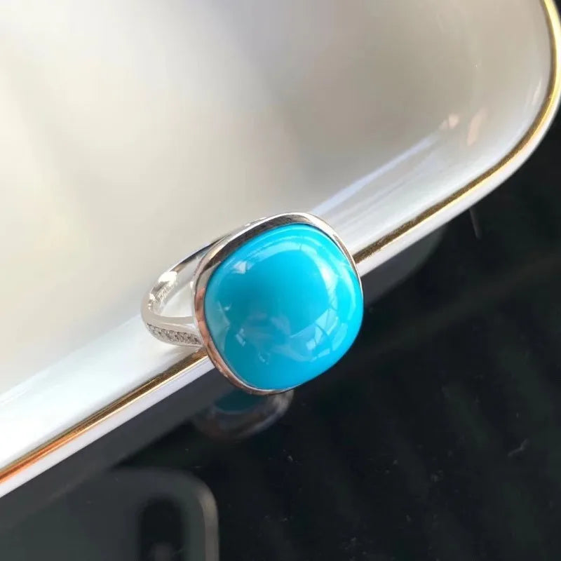 Anillos cuadrados turquesa brillante clásicos para mujer, anillo azul vintage simple, adecuado para uso diario, joyería ligera de lujo.