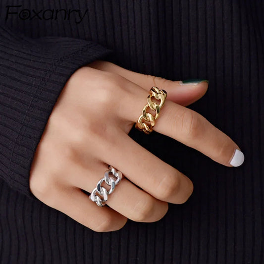 Foxanry Minimalist Silver Color Rings Party Jewelry Trend Hip Hop Vintage Handmade Chain Couples Accessories Girls Gifts